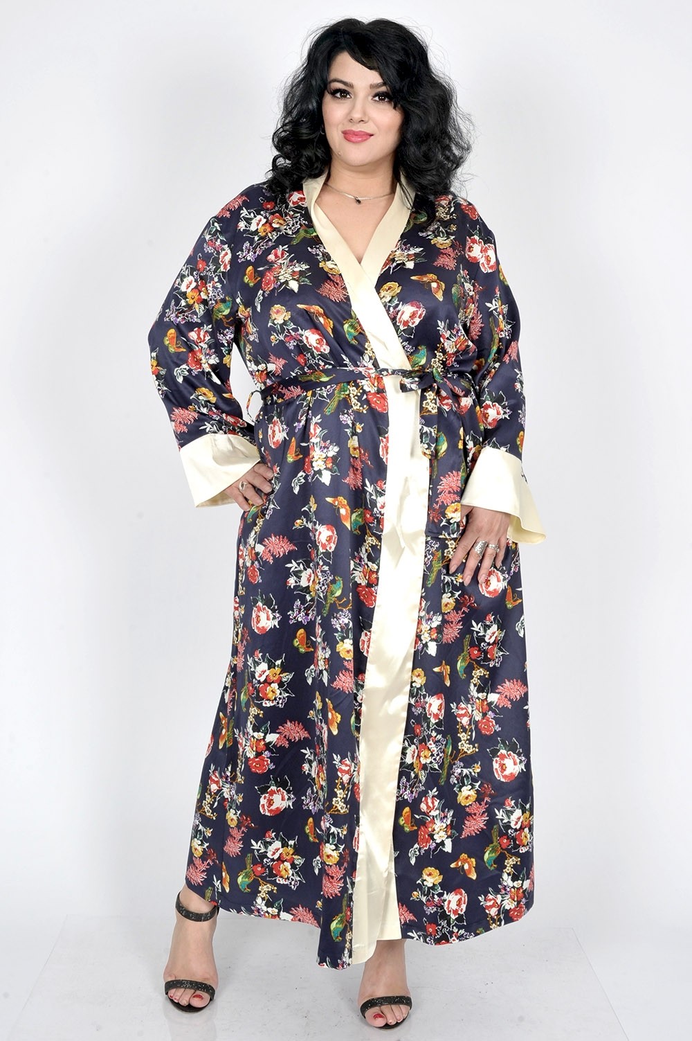 Halat kimono, lung, matase artificiala, model 13680 (Bej)